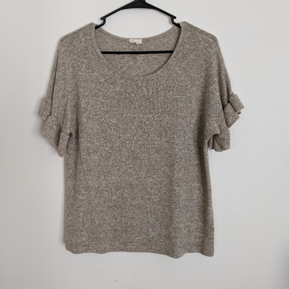Caution to the Wind Ruffle Sleeve Knit Blouse Soft Texture Neutral - Medium